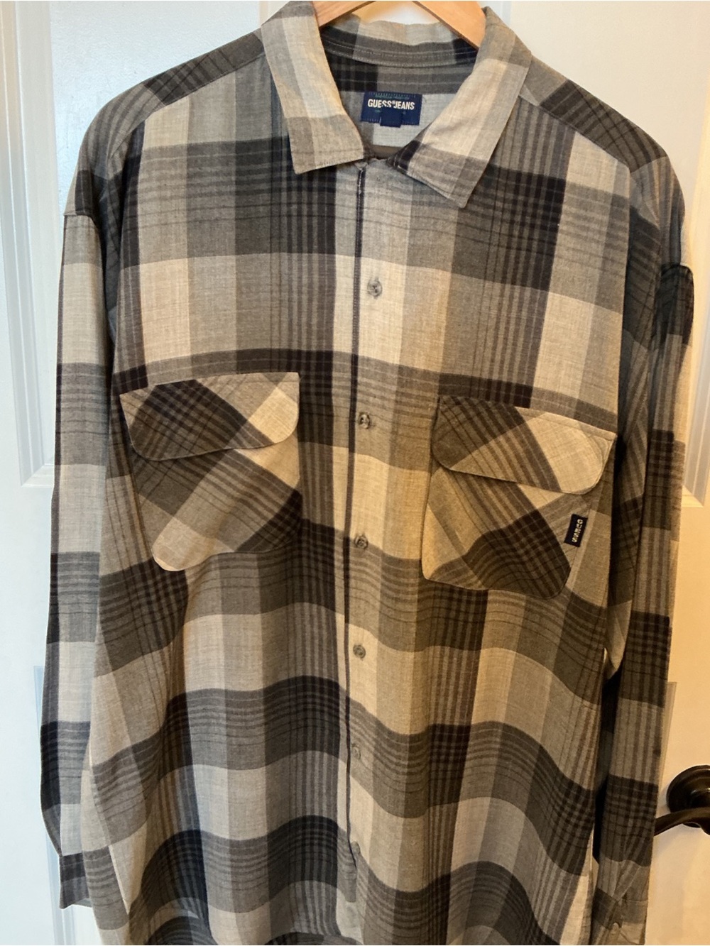 Guess Men’s Black and Gray Plaid Button-Down Shirt